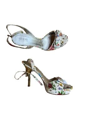 GUESS White Floral Bow Ankle-Strap Heels
